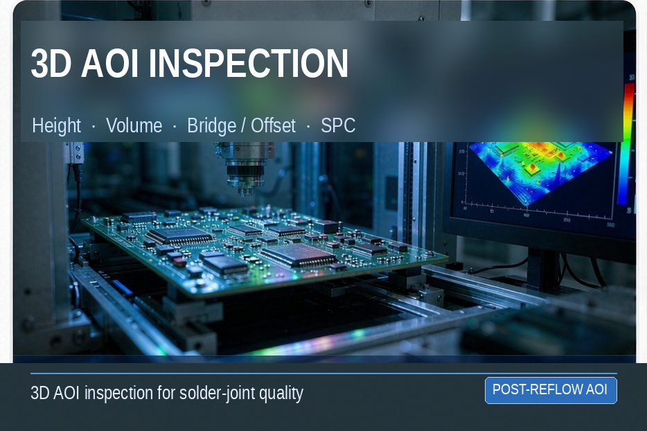 Post-Reflow 3D AOI — Height · Volume · Bridge / Offset · SPC