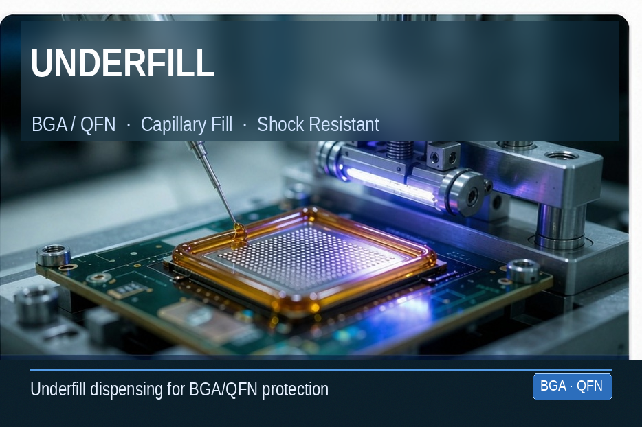BGA / QFN Underfill — Capillary Fill · Package Reinforcement · Shock Resistance